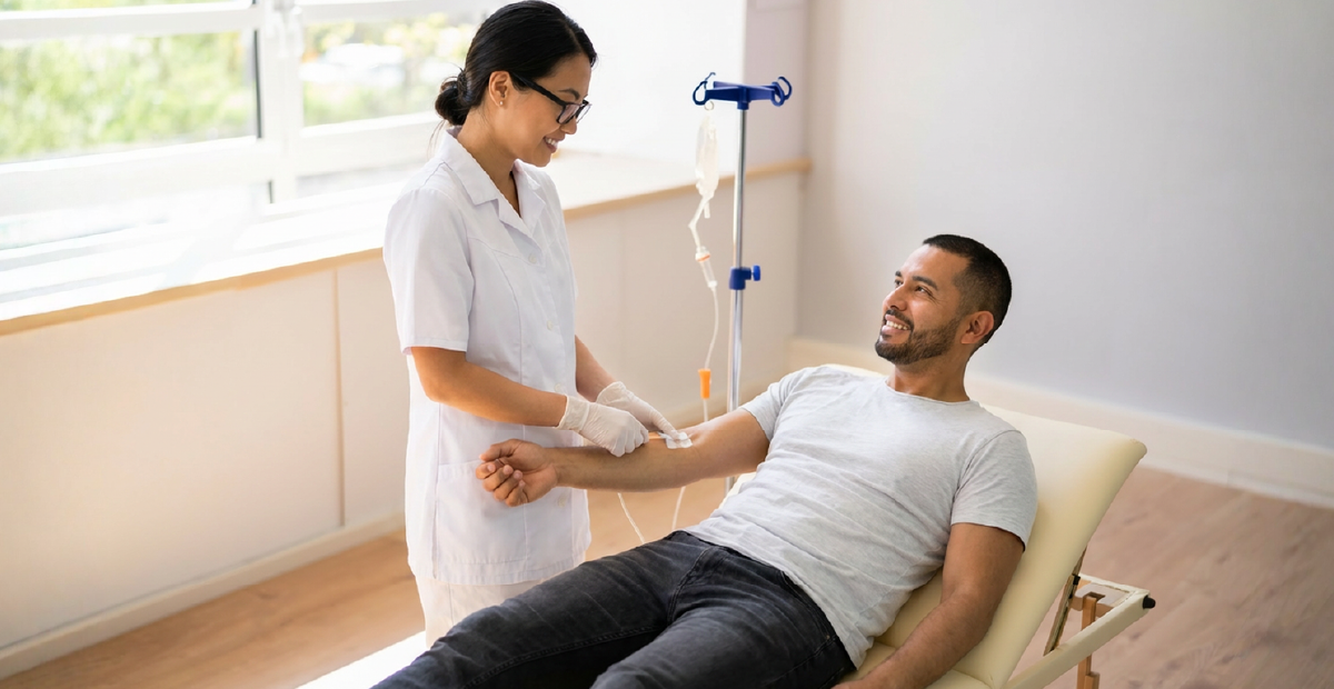 A patient receiving a monitored IV ketamine infusion