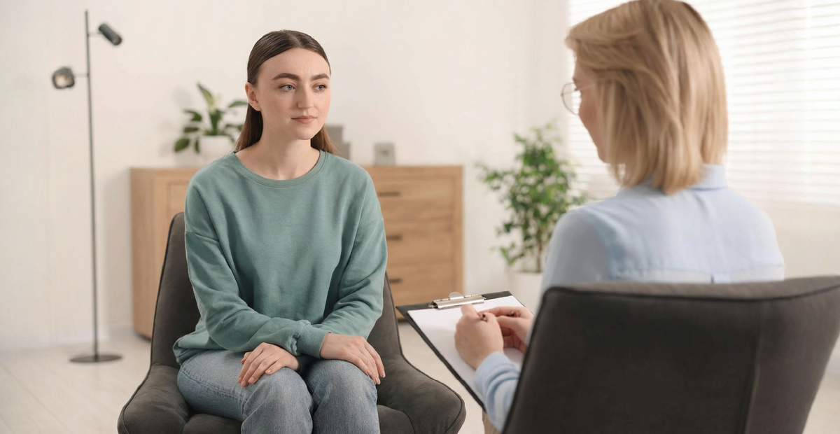 A patient in a calm therapy session with a clinician